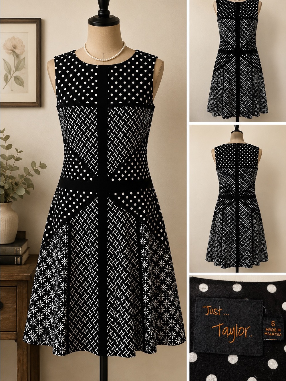 Just...Taylor Black & White Sleeveless Fit-and-Flare Dress size 6